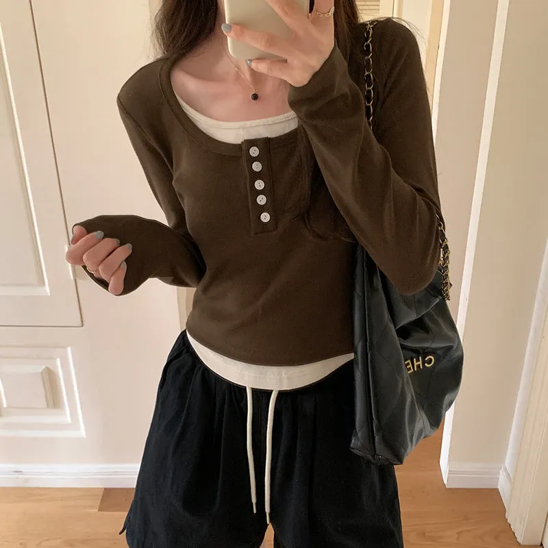 Znbbw Fake Autumn Blouses With Slim Underwear, Long Sleeves And Short T-Shirts