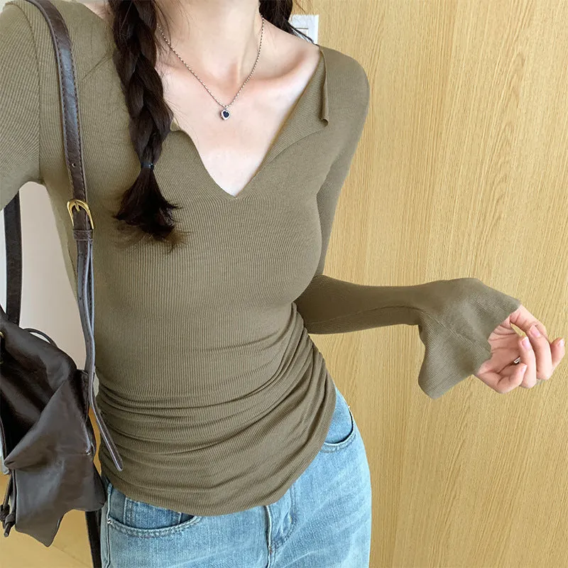 Znbbw Tight V-Collar Skinny Bottomed Shirt Long-Sleeved T-Shirt Women's Early Autumn New Design Feel A Small Number Of Pure Desire To Wear Inside The Jacket