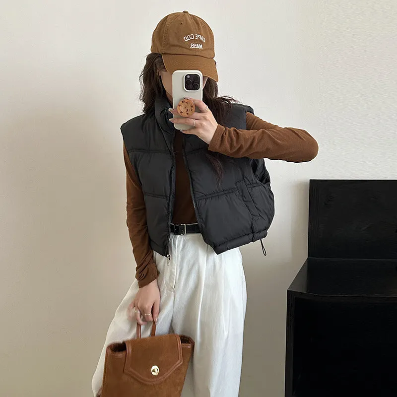 Female 2024 Autumn Winter New Simple Versatile Stand Collar Zipper Drawrope Waist Design Sense Plus Thick Cotton Coat - Image 6