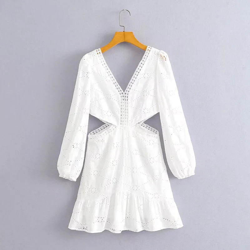 Znbbw And Winter New V-Collar Lace Waist Open Dress Embroidered Hollowed-Out Sexy Skirt - Image 5