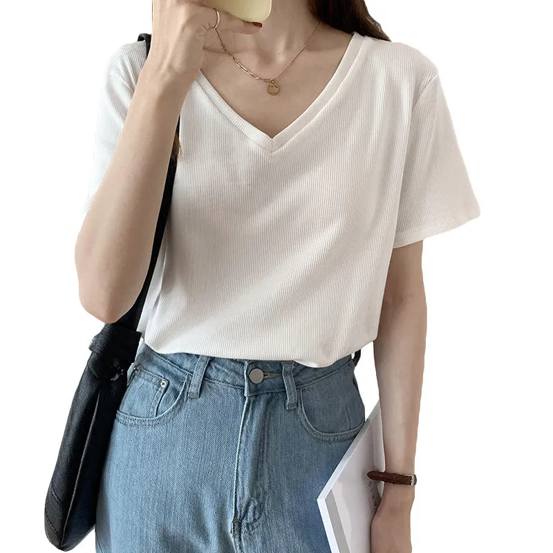 2025 Summer New Threaded Pure Color Short-Sleeved Knitted V-Collar T-Shirt Design Feeling Bottomed Blouse - Image 4