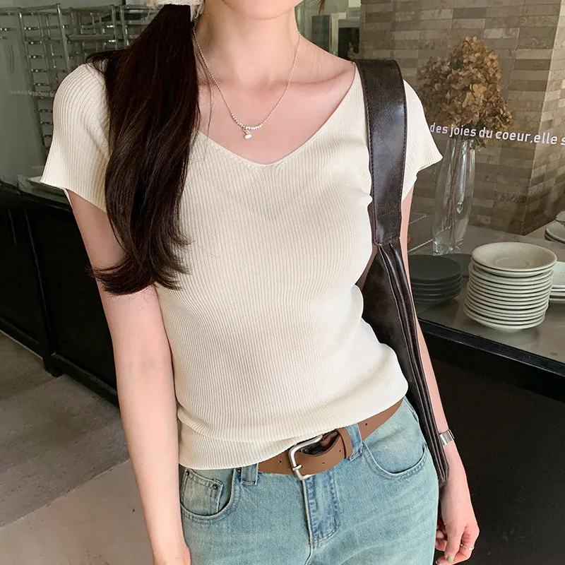 Pure Pink V-Collar Ice Silk Knitted Short-Sleeved T-Shirt Women's New Summer Design Thin Slim Bottomed Blouse - Image 4