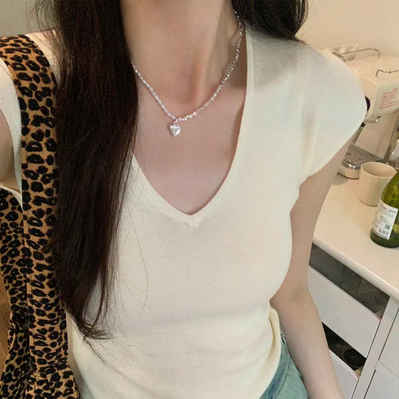 Korean Solid Color Temperament V-Collar Knitted Sleeveless Vest Women's 2024 New Spring And Summer Slim And Thin Underwear - Image 3