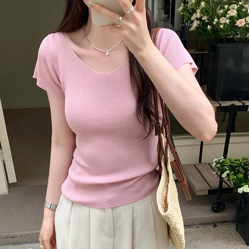 Pure Pink V-Collar Ice Silk Knitted Short-Sleeved T-Shirt Women's New Summer Design Thin Slim Bottomed Blouse - Image 9