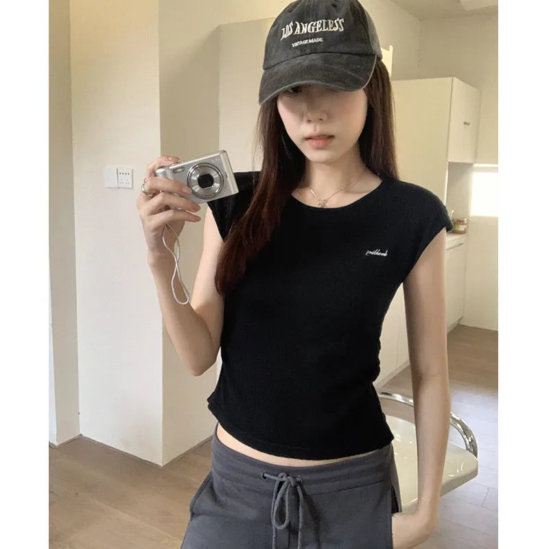 Round-Necked Sleeveless Knitted Embroidered Letter T-Shirt Women's Summer New Fold Waist Early Spring Dress Temperamental Vest - Image 6