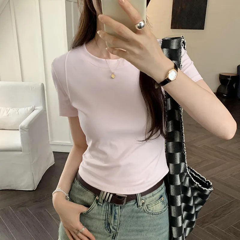 Solid Color Shoulder Short-Sleeved T-Shirt Women's Summer 2024 New Slim And Thin Fishbone Line Base Short Blouse