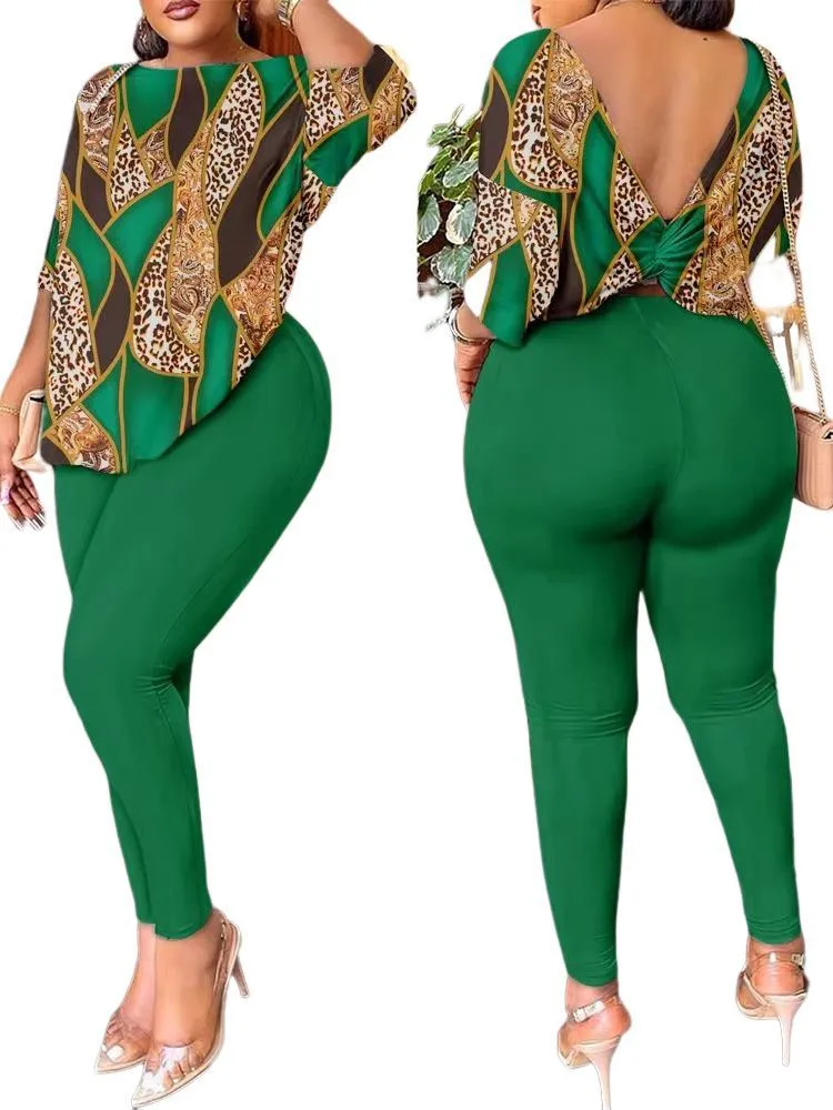 Znbbw Autumn New Women's Fashion Leisure Bare-Back Printed Trousers Suit - Image 7