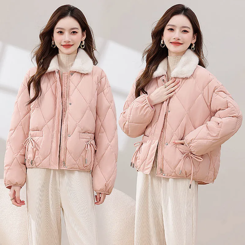 Style Cotton-Padded Clothes Women 2024 New Winter New Chinese Cotton-Padded Jacket Bow Splicing Wool Collar Thick Coat Women's Clothing - Image 2