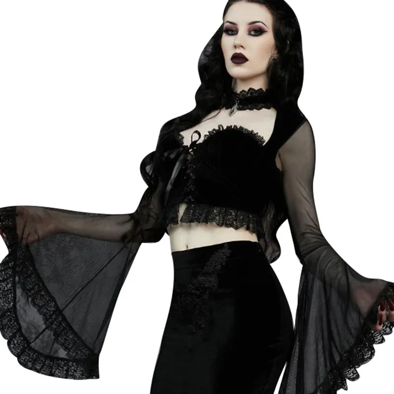 Znbbw Strapped With Lace Spliced Horn Long-Sleeved Shirt Dark Slim Sexy Navel Cardigan T-Shirt