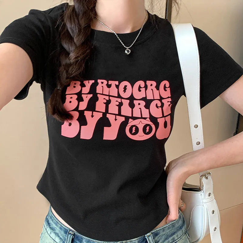 Pink Letter Printing Sweet And Spicy Girl Style Short Shoulder Slim T-Shirt Women's Summer New Skinny Blouse - Image 4