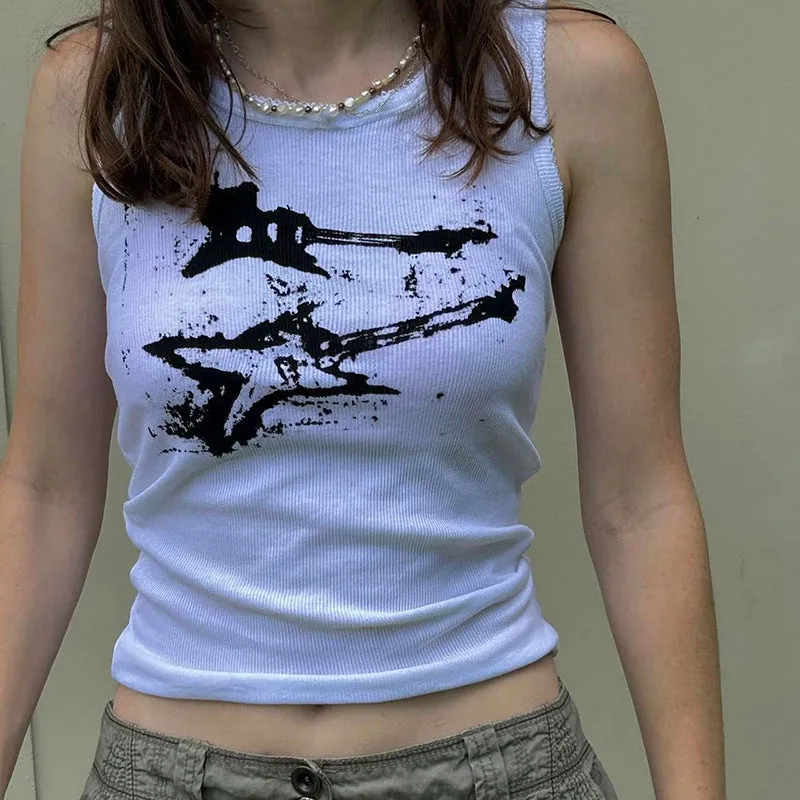 2025 Summer New Personality Trend Ins Street Fashion Guitar Graffiti Printed Threaded Vest Girl - Image 4
