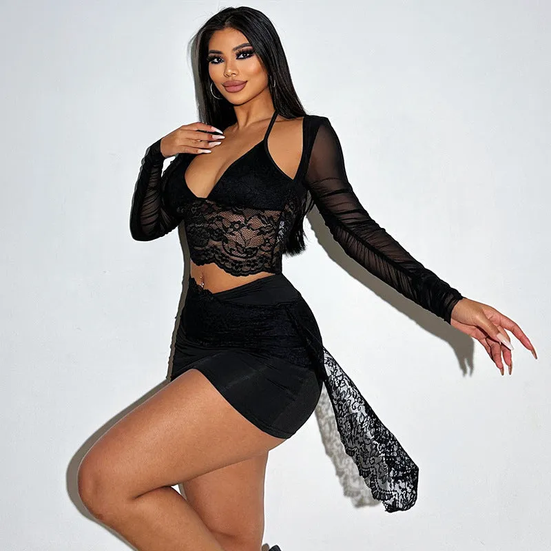 Znbbw Autumn New Fashion Temperament Sexy Deep V Slim Lace Spliced Net Long-Sleeved Dress Woman - Image 6