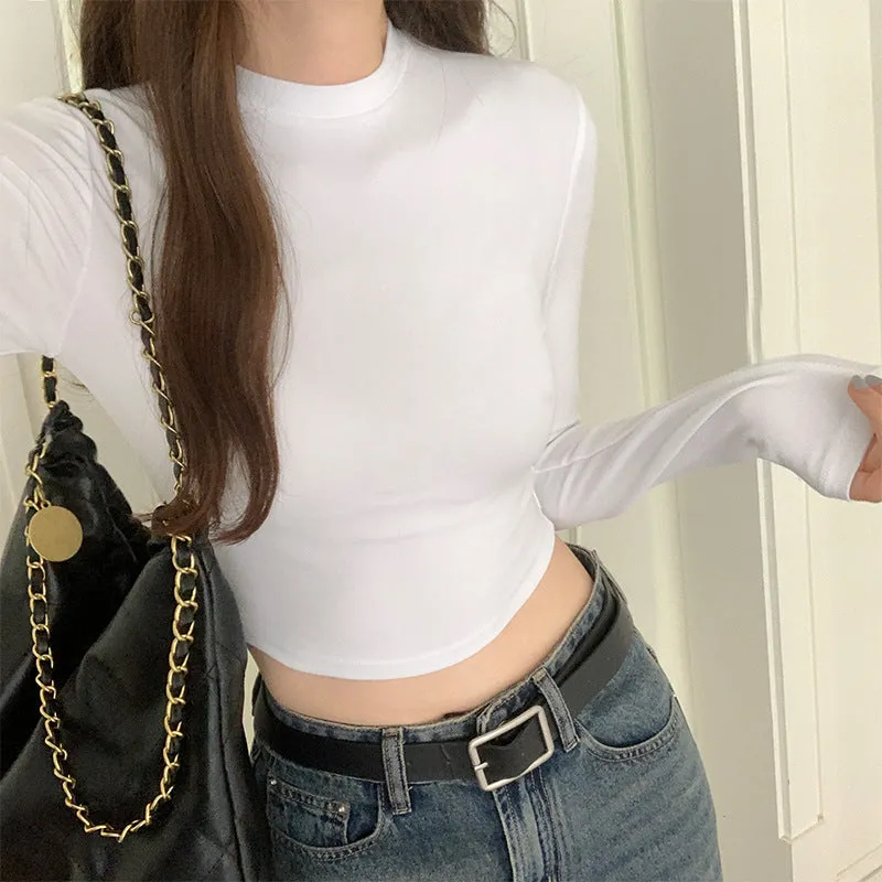 Znbbw And Slim Long-Sleeved T-Shirt Women's Early Autumn New Style Solid Color Underneath T-Shirt Short Style Blouse - Image 3
