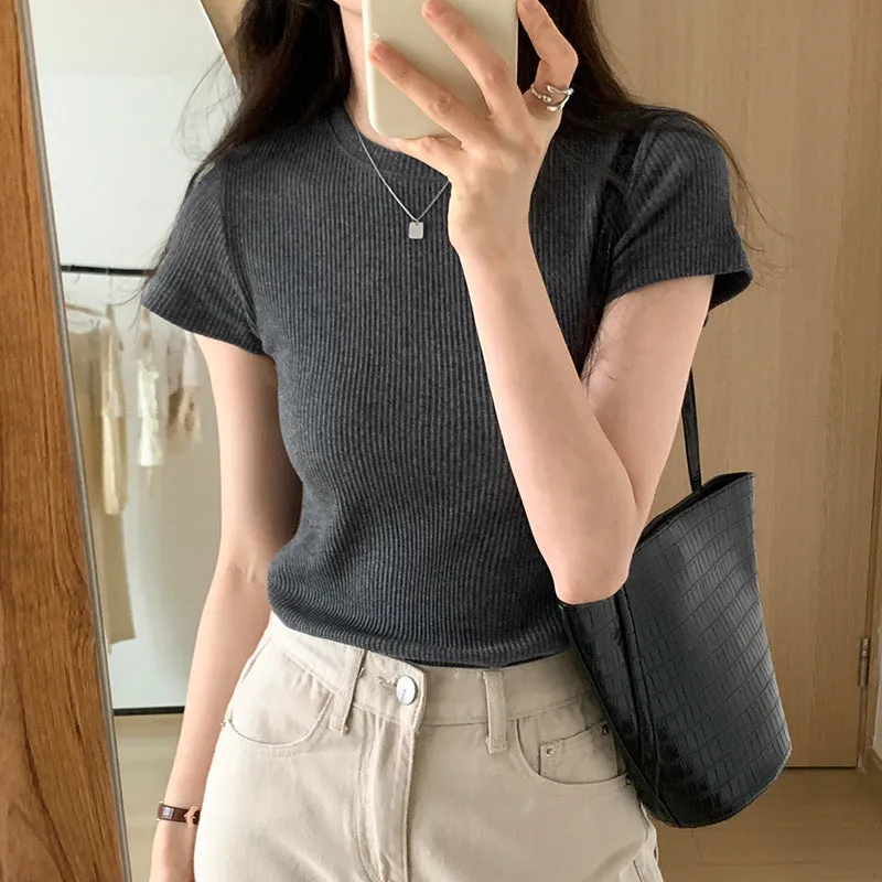 Classic Basic Grey Shoulder T-Shirt Women's Short-Sleeved Round-Necked T-Shirt Threaded To Show A Thin Blouse In Summer - Image 6