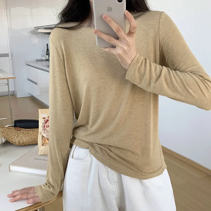 Znbbw Mask T-Shirt Women's Spring And Autumn New Style With White Basic Solid Color Slim Stretch Bottom Blouse - Image 11