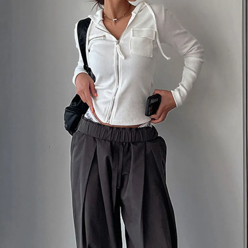 2024 New Early Autumn Women's Casual Fashion Short Solid Color Threaded Pocket Zipper Long-Sleeved Jacket - Image 2