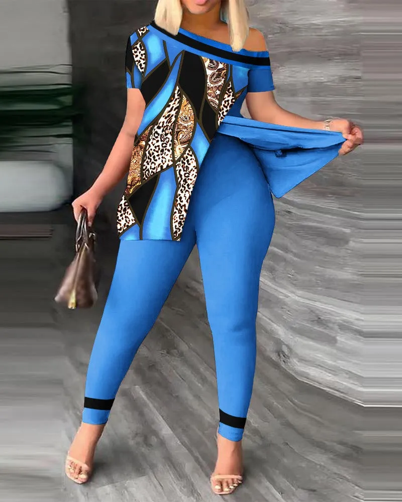 Znbbw Women's Wear Summer New Fashionable Leisure Forked Oblique Collar Printing Suit - Image 9