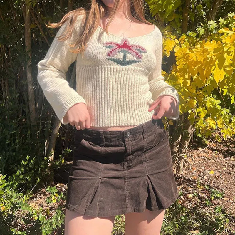 Retro Spice Girl U-Collar Slim And Thin Woolen T-Shirt 2025 Autumn New Lovely Coconut Pattern Sweater - Image 3