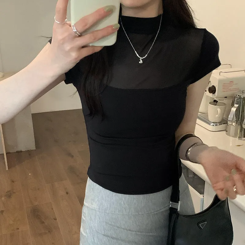 Spicy Girls Foreign Style Simple Net Gauze Spliced Half-High-Collar T-Shirt Spring And Summer New Thin Solid Color Short-Sleeved Blouse - Image 4