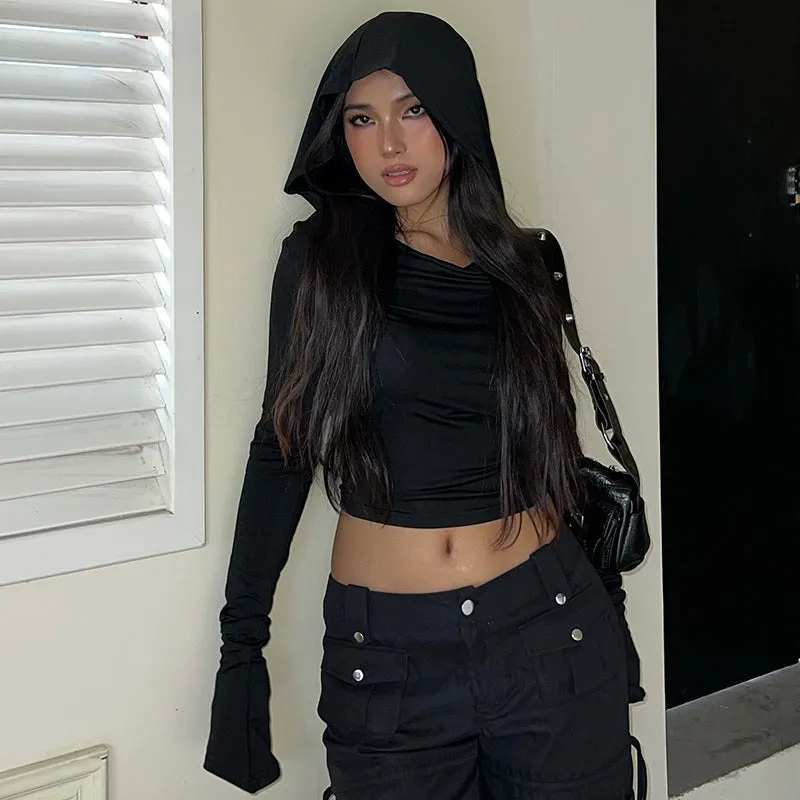 Dark, Windy Collar, Shoulder Sexy, Hooded Blouse, 2025 Slim, Solid Color, Long-Sleeved T-Shirt. - Image 4