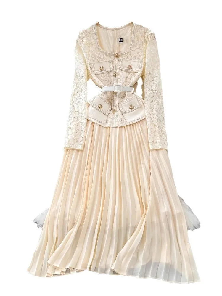 Znbbw And Autumn Korean Version Of Socialite Temperament Fake Two Long-Sleeved Square Collar Lace Receiving Waist A Large Swinging Pleated Dress - Image 3