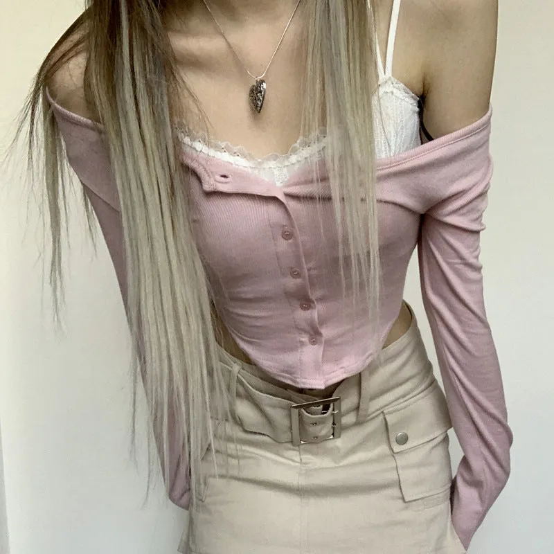 2025 Pure Style Women's Dress Ins Street Lace Spliced U-Shaped Hem Button Long-Sleeved Sweater Women's Autumn - Image 4