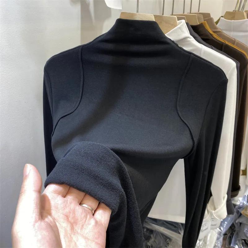 Znbbw Half-High-Necked Bottomed Shirt Lady's New Plush Long-Sleeved T-Shirt In Autumn And Winter - Image 3