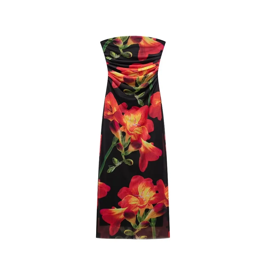 Znbbw Autumn And Winter Women's Wear New Printed Silk Mesh Breast Dress 840587 - Image 2