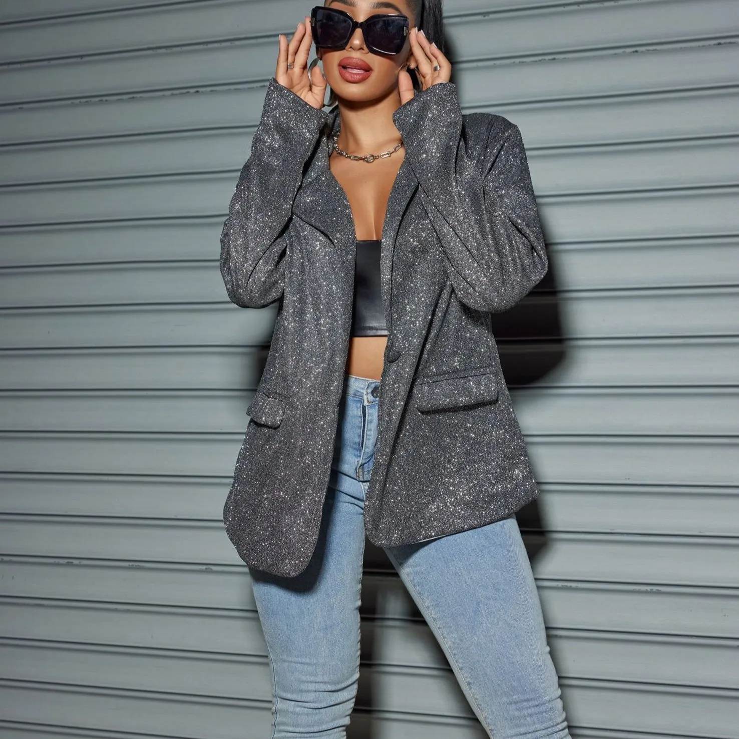 Znbbw Style Commuter Cardigan Lapel Long Sleeves Shiny Large Size Casual Suit Jacket