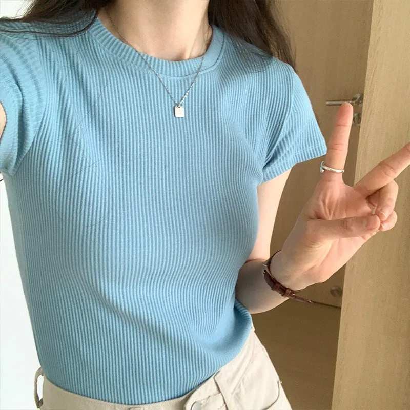 Classic Basic Grey Shoulder T-Shirt Women's Short-Sleeved Round-Necked T-Shirt Threaded To Show A Thin Blouse In Summer - Image 3