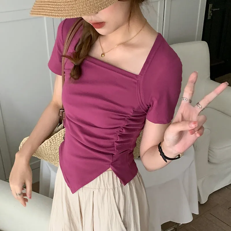 Shoulder Women's T-Shirt Shows A Sense Of Thin Short-Sleeved Design Minority Pleated Irregular Slimming Blouse Square Collar Clavicle T-Shirt - Image 6