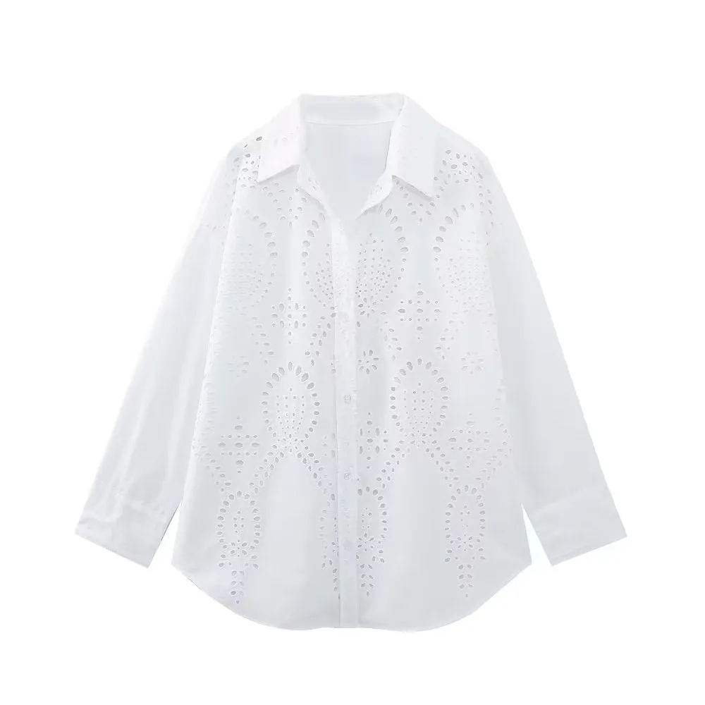 Znbbw Women's Lapel Hollowed-Out Embroidery Long-Sleeved Single-Breasted Shirt 7969071 - Image 2