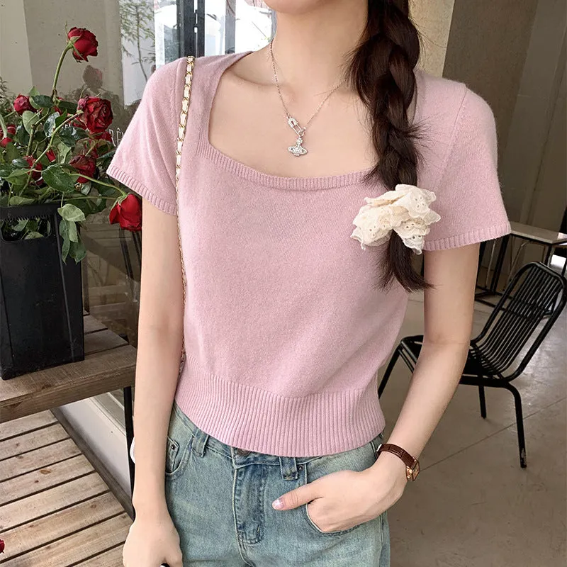 Korean Version Of Knitted Short-Sleeved T-Shirt Women's New Summer Slim Thin Solid Color Full-Length Short-Style Blouse Ins - Image 2