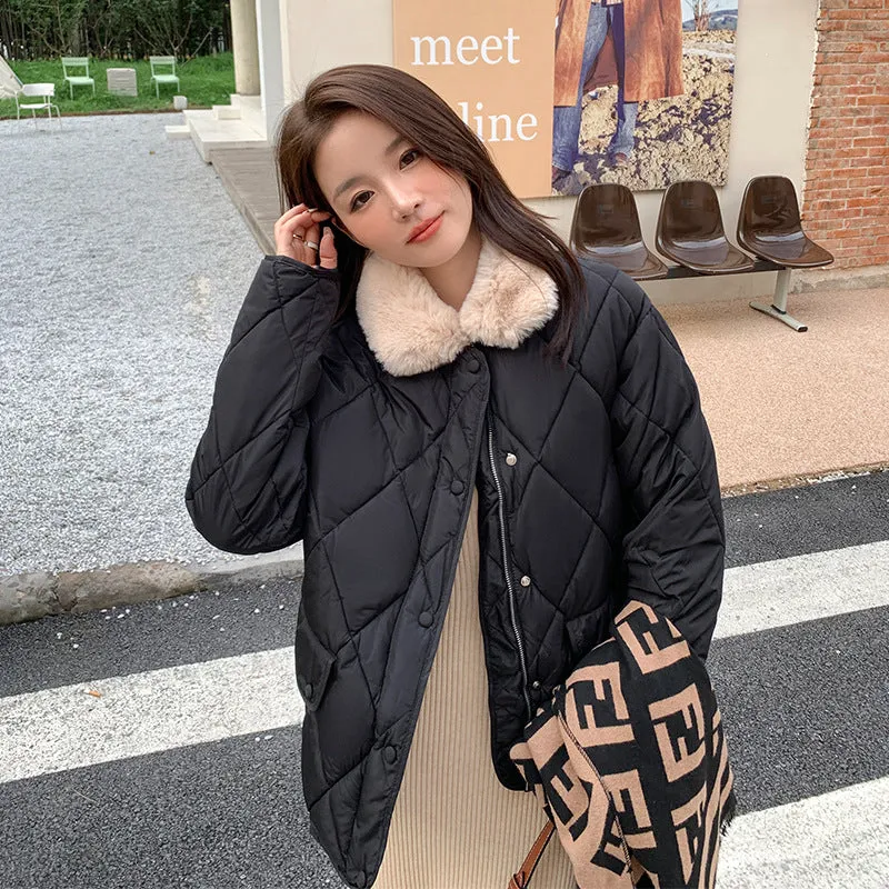 Sense Splicing Lamb Wool Collar Light Diamond Cotton Clothes Female Autumn And Winter New Korean Version Of Chic Casual Warm Cotton-Padded Jacket - Image 4
