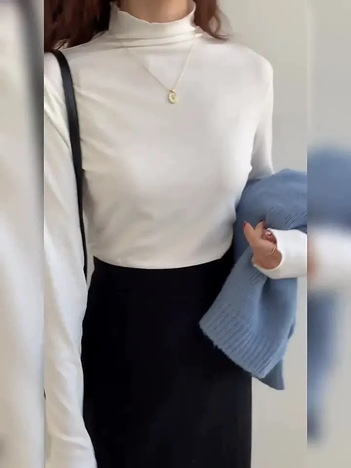 Agaric Edge Long-Sleeved Blouse 2025 Early Spring New Women's T-Shirt White Threaded High-Neck Bottomed Shirt - Image 11