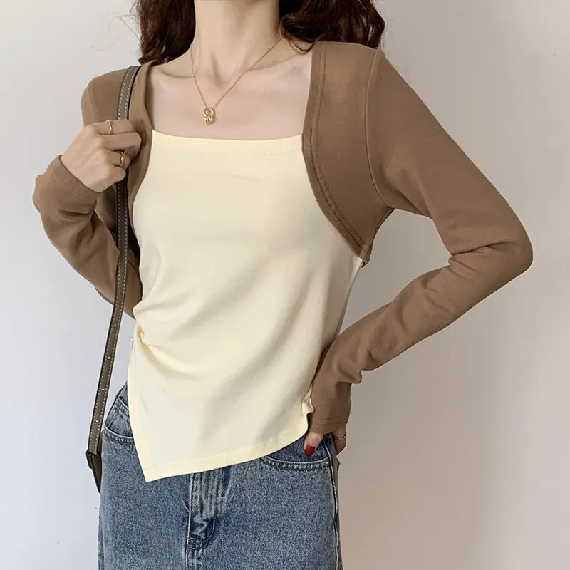 Autumn And Winter Color Positive Shoulder Fake Two Square Collar Blouses Women's Spring And Autumn Splicing Irregular Design Feeling Bottom Short T-Shirt - Image 2