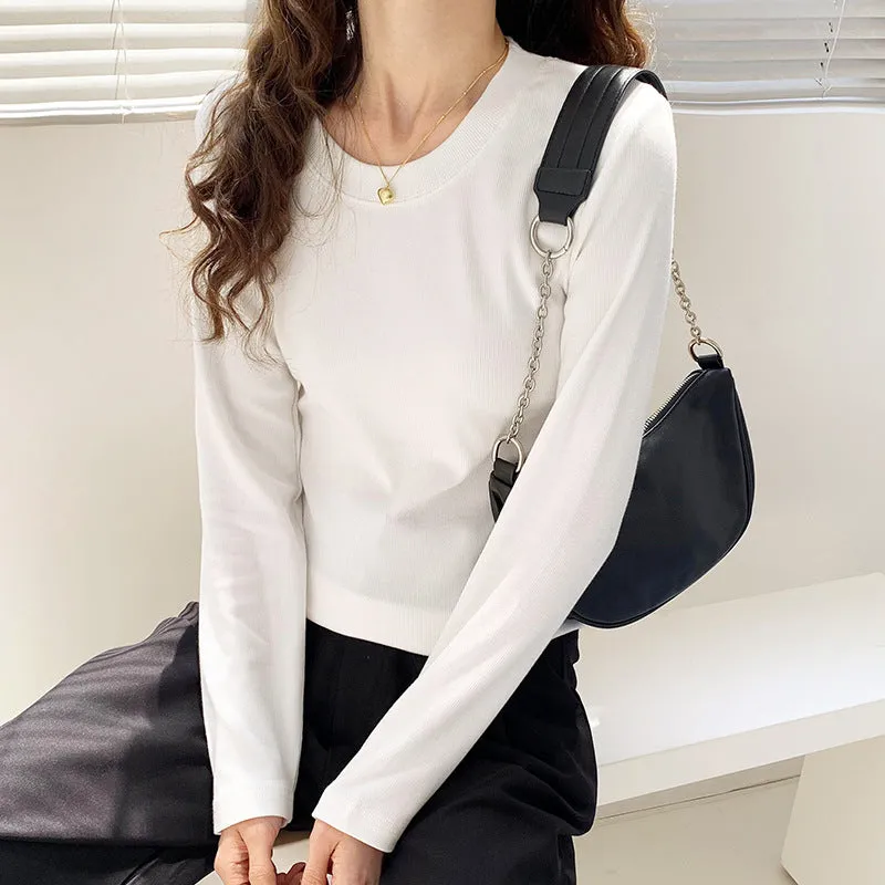 Spring And Autumn Simple Slim Bottomed Shirt Women 2025 Autumn And Winter New Style White Shirt With Round Collar And Long Sleeves T-Shirt - Image 5