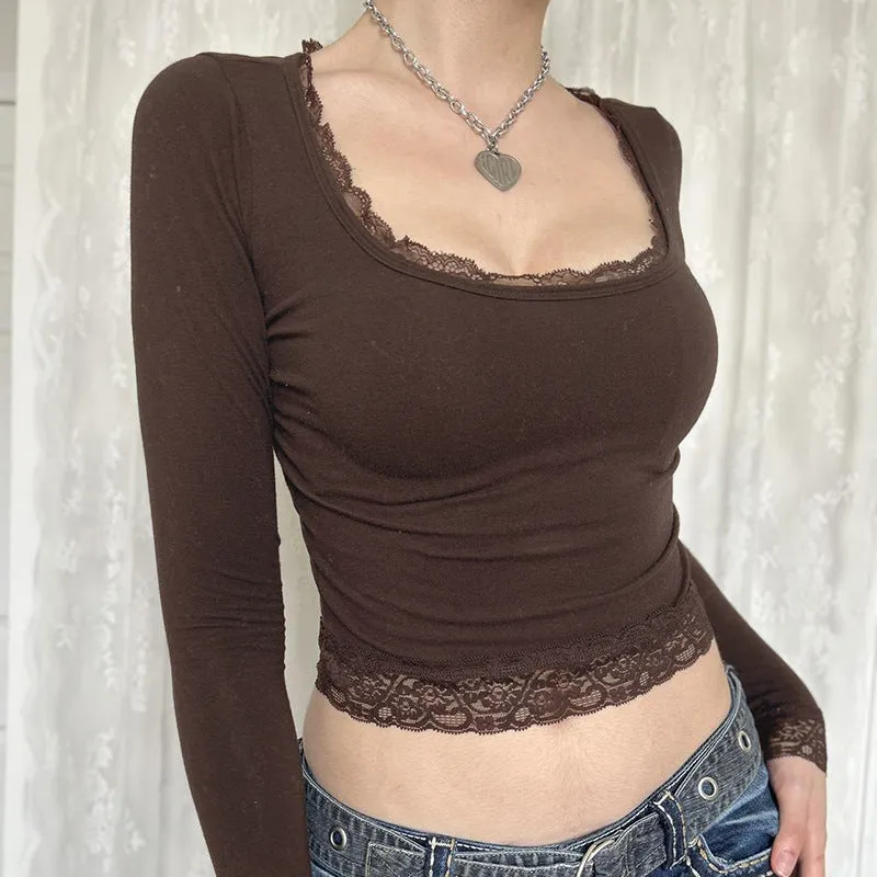 Hot Girl Style Sexy U-Collar Lace Bow Stitching Slim Long-Sleeved Pure Black T-Shirt New Style - Image 6