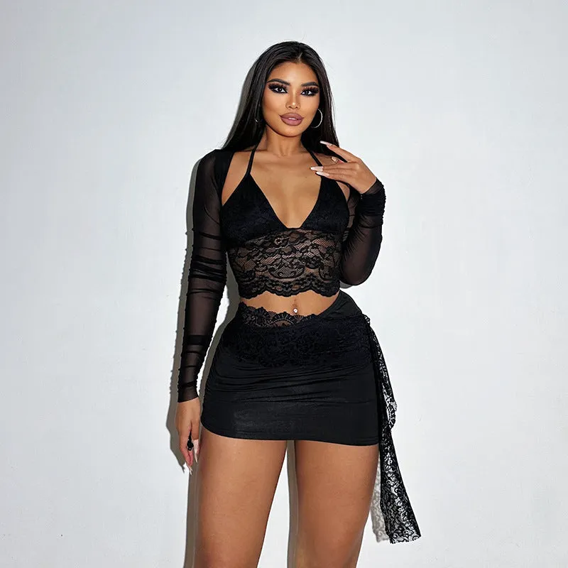 Znbbw Autumn New Fashion Temperament Sexy Deep V Slim Lace Spliced Net Long-Sleeved Dress Woman - Image 7