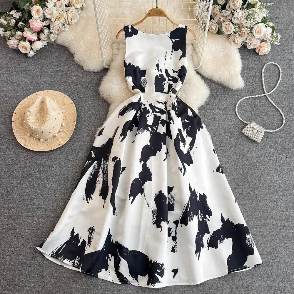 Znbbw Vest, Long Dress, High Sense, Light Extravagant Round Collar, Waist Slim, Sleeveless A-Print, Large Pendulum Dress