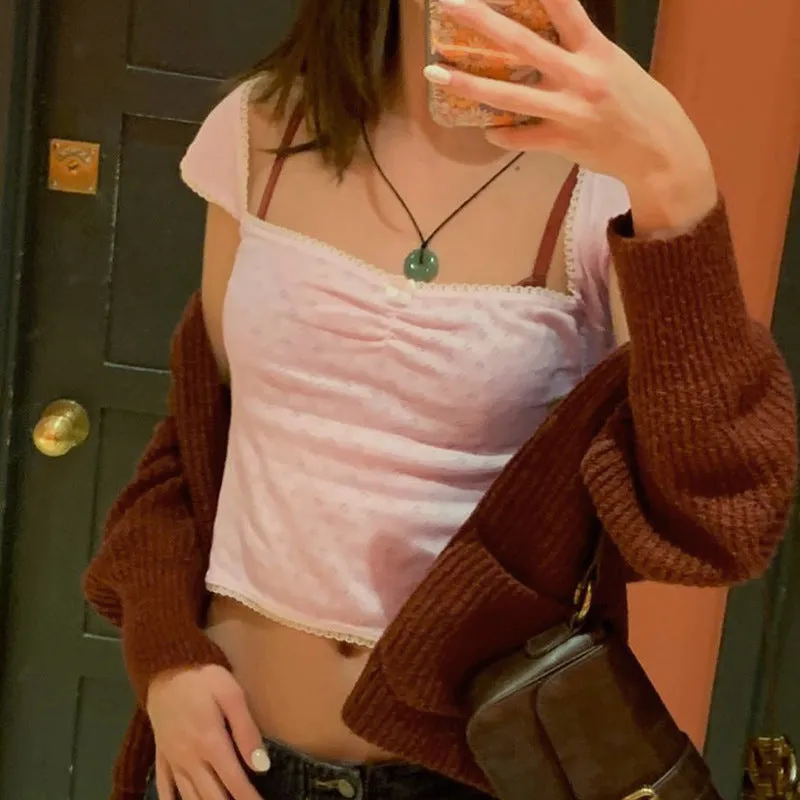 Gentle Style Small Lace Pleated Square Collar Short-Sleeved T-Shirt Ins Girls Fresh Wear Bare-Back Blouse 2024 - Image 8