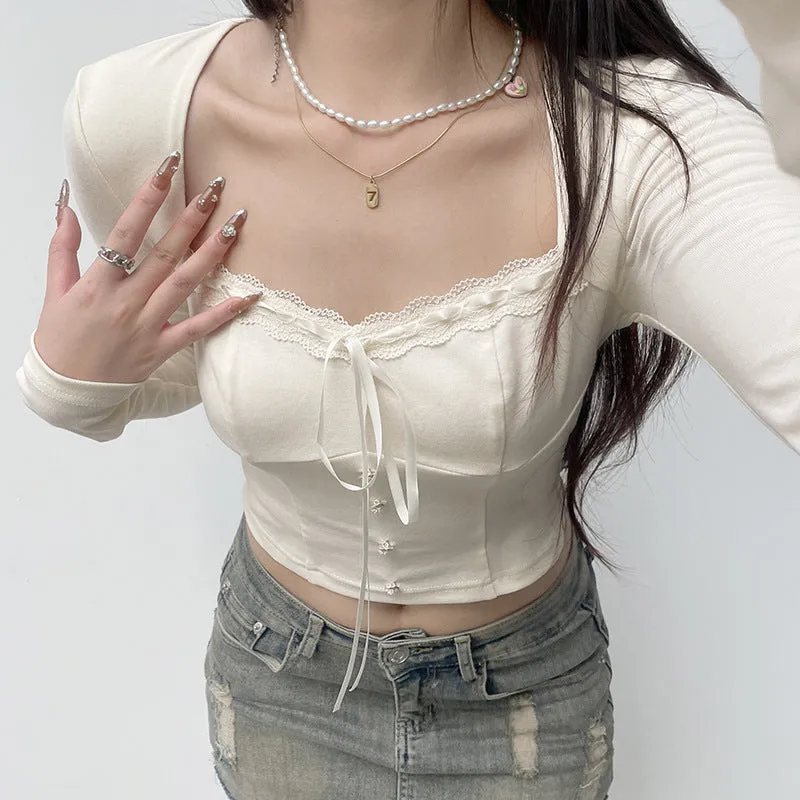 Sweet And Spicy Girl Neckline Lace-Up Long-Sleeved Blouse Women 2025 Pure Style Stylish Design Short Shoulder-Bottomed T-Shirt - Image 3