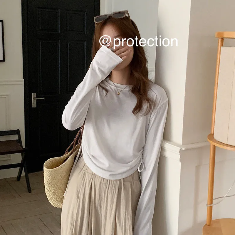 Summer Thin Style Design Rope Long-Sleeved T-Shirt Woman Waist Slim Solid Color Short-Style Sunscreen Blouse - Image 9