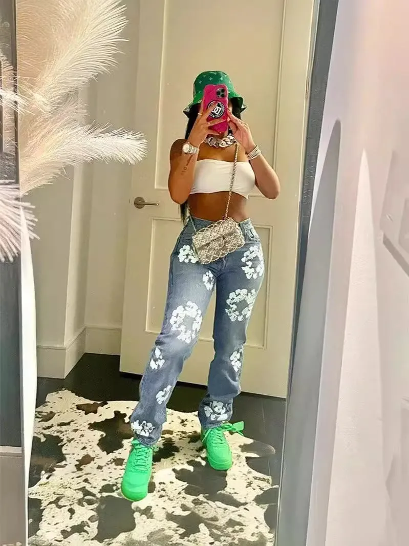 Znbbw 2024 Men's And Women's New Street Fashion Printed High-Waisted Straight Tube Slim Jeans - Image 6