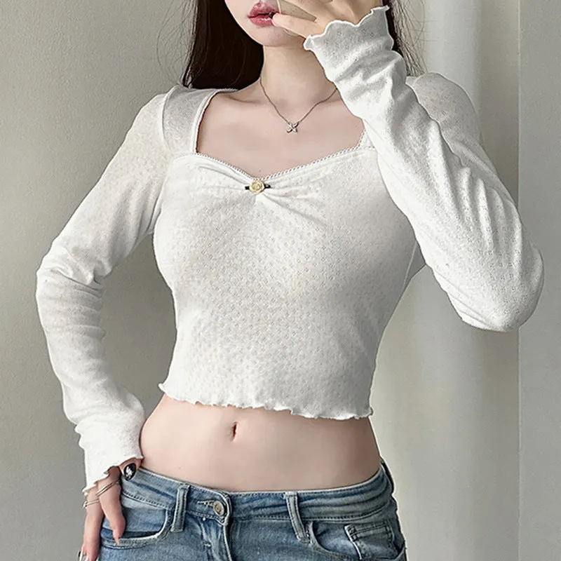 2024 French Pure Desire Square Collar Flower Pleated Blouse Women's Autumn Sweet And Spicy Navel Short Slim Long-Sleeved T-Shirt - Image 6