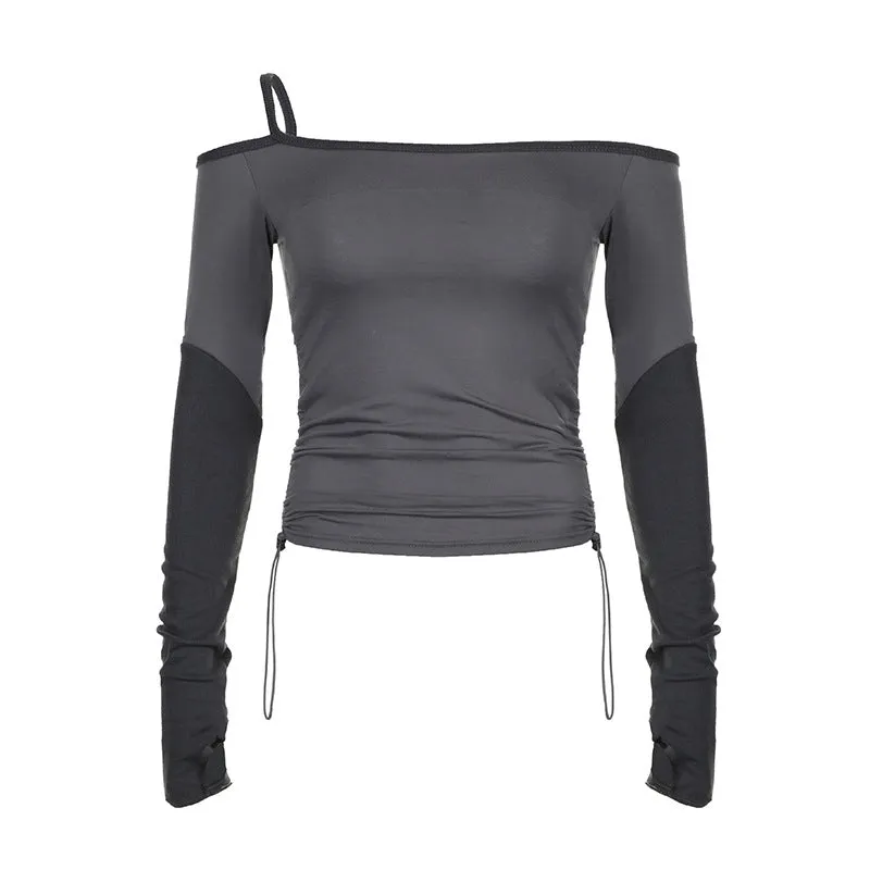 Spicy Girl Style Solid Color Collar Shoulder Rope Slim Long-Sleeved Functional T-Shirt 2024 Spring New Style