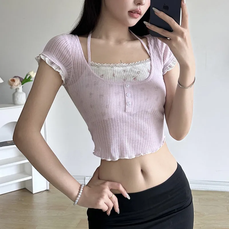 Sweet And Spicy Girls Pure Desire Lace Splicing Fake Two Neck Tops Girls French Maiden Ear Knitted Short-Sleeved T-Shirts - Image 5