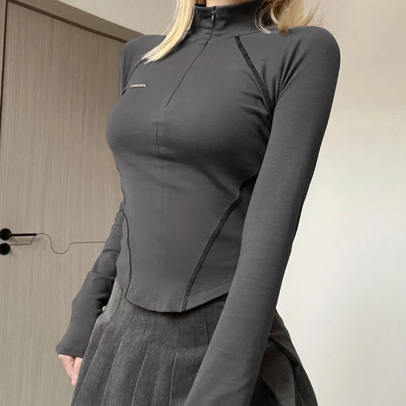 2024 Fashionable Women's Wear Ins Street Fashion Spicy Girl Style Invisible Zipper Collar Line T-Shirt - Image 3