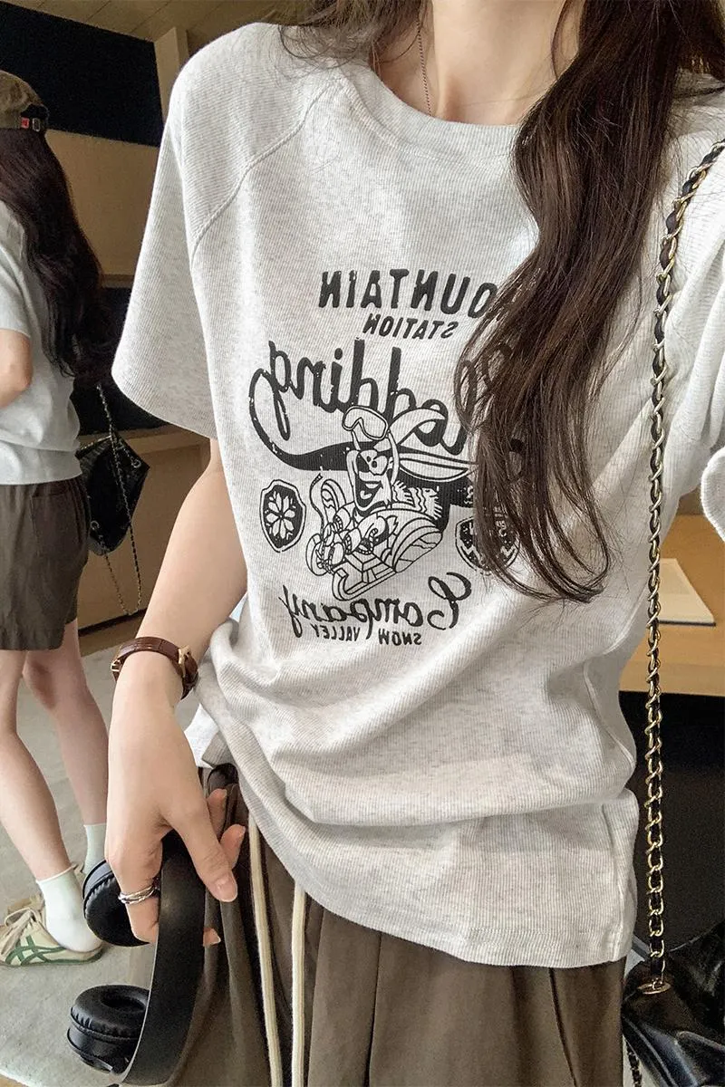 Vintage European High-End Print Loose Shoulder-Inserting Short-Sleeved T-Shirt Women's Summer 2024 New Blouse - Image 8