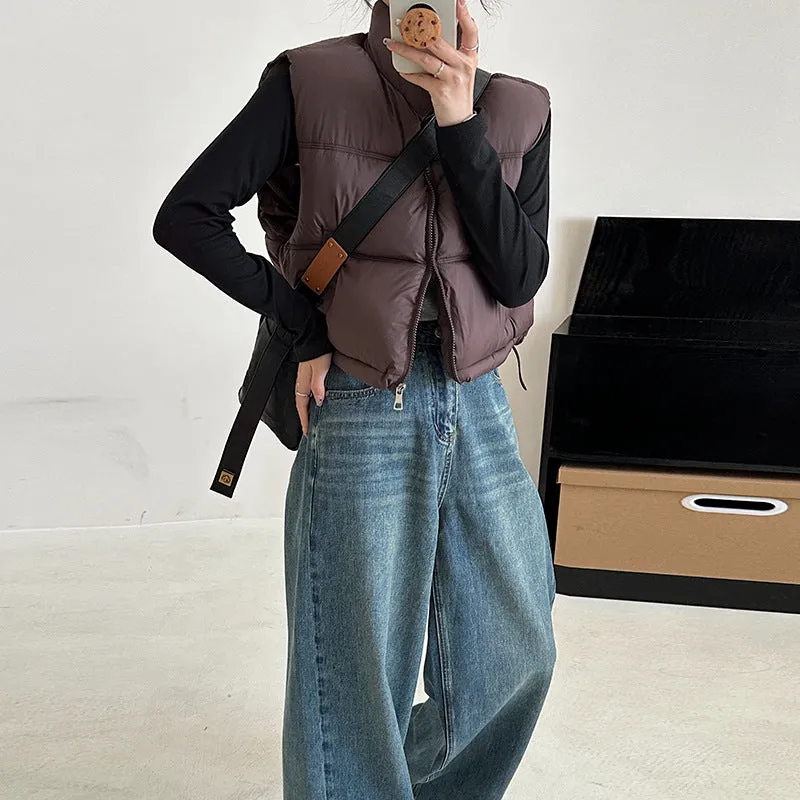 Female 2024 Autumn Winter New Simple Versatile Stand Collar Zipper Drawrope Waist Design Sense Plus Thick Cotton Coat - Image 5